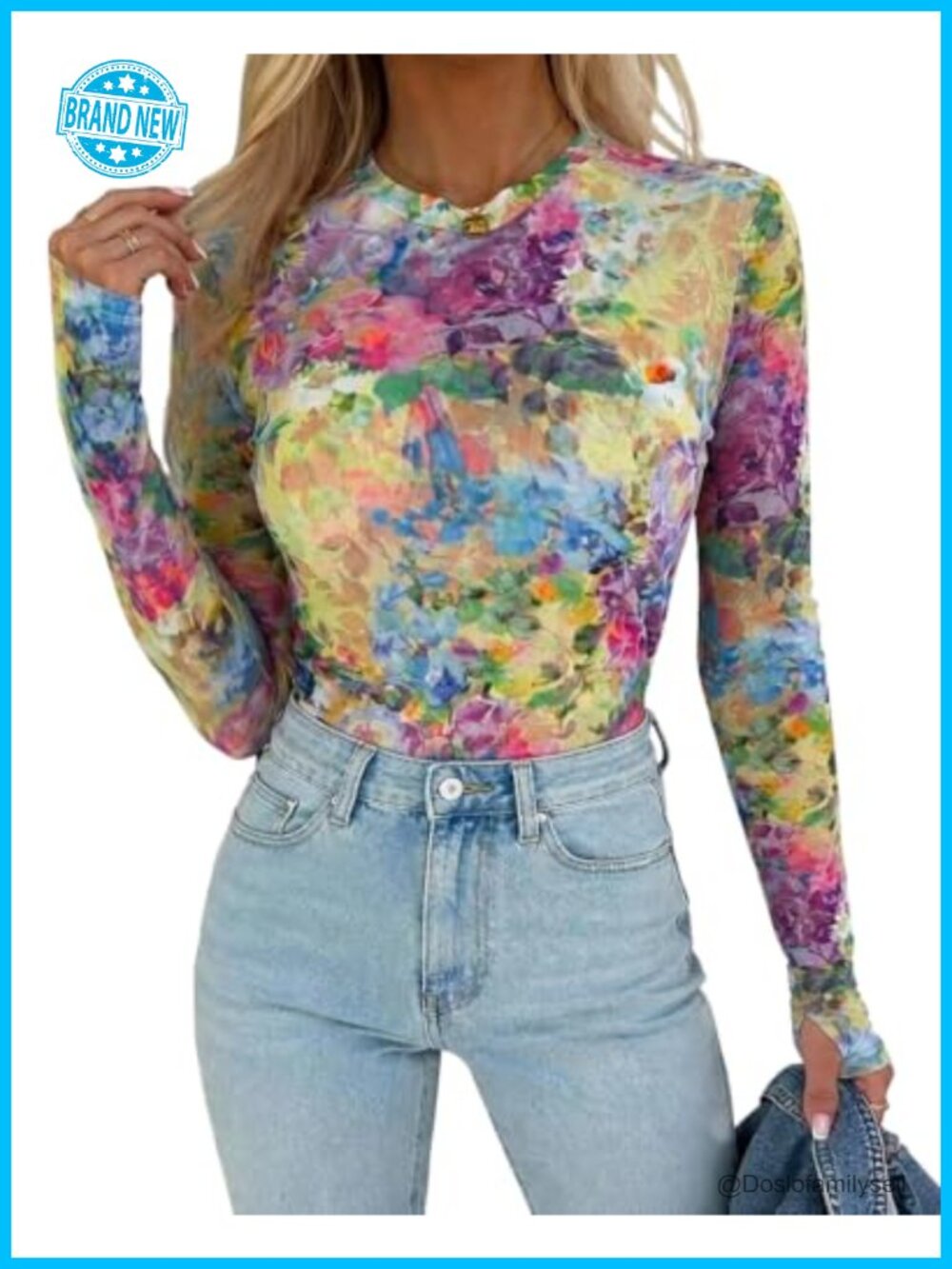 Mesh Long Sleeve Top Sheer Thumbhole Blouse Party Going Out Shirt